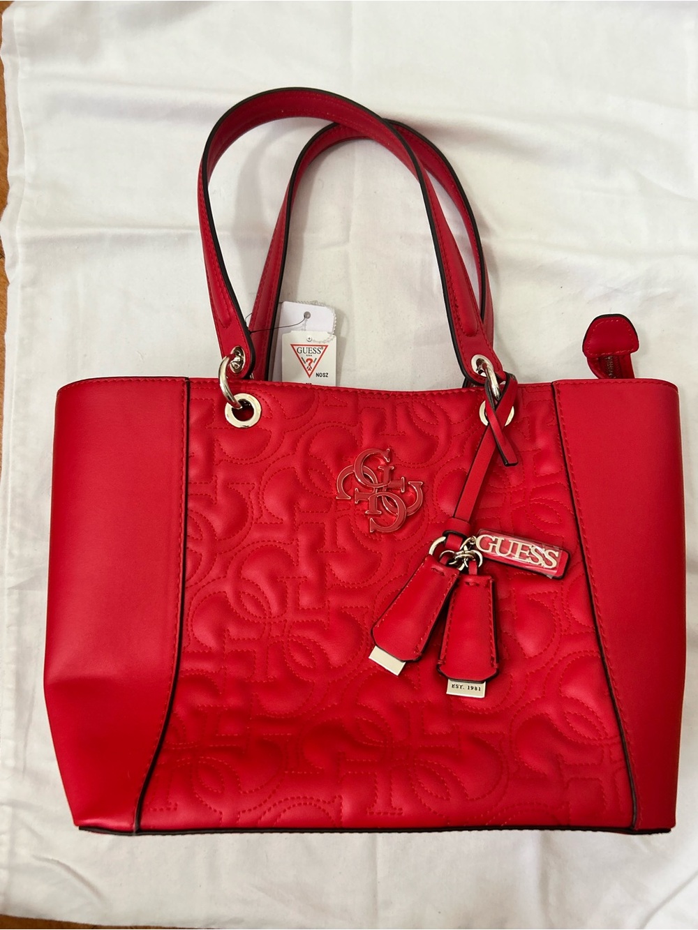 GUESS Red Quilted Logo Tote Bag